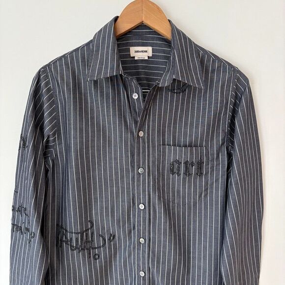 Zadig and Voltaire Taskiz Manifesto Striped Embellished Cotton Button Shirt Sz S - Picture 3 of 12